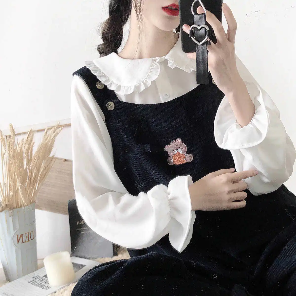 Peter Pan Kragen Süßes Hemd Frauen Lolita Japanische Kawaii Bluse Puff Langarm Elegante Weiße Weibliche Top Grundlegende Schule Shirts – Detail 9