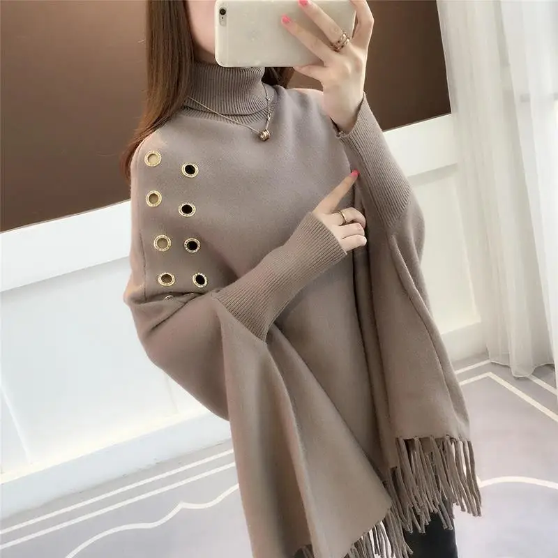 

2023 Bat Sleeve Loose Sweater Turtleneck Cloak Jacket Autumn Winter New Sweater Women's Hedging Tassel Shawl