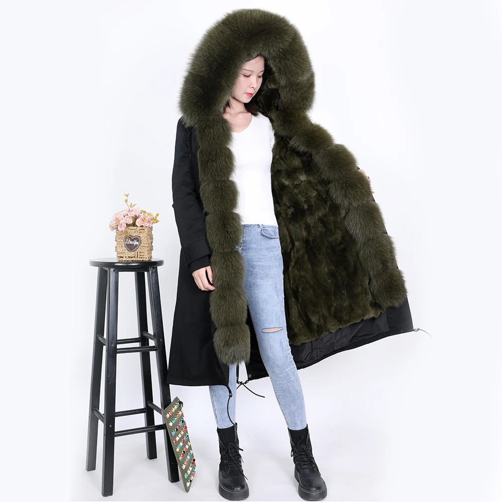 Maomaokong  Winter Women Long Coats Real Fox Fur big fur collar Natural Rabbit fur liner over the knee  plus size parkas winter