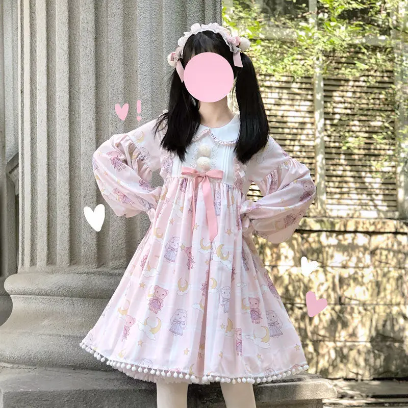 Kawaii Lolita Dress Long Sleeve Loose Cartoon Cute Print Victorian Dress Women Bow Printed Autumn Clothing Vestidos