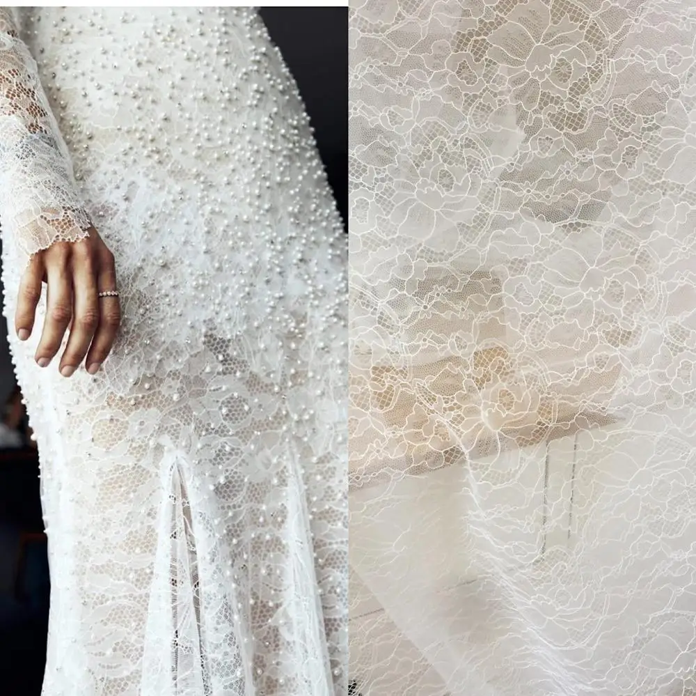 5 meters Exquisite off white Chantilly florla embroidery lace fabric for bridal gown lining overlay hem