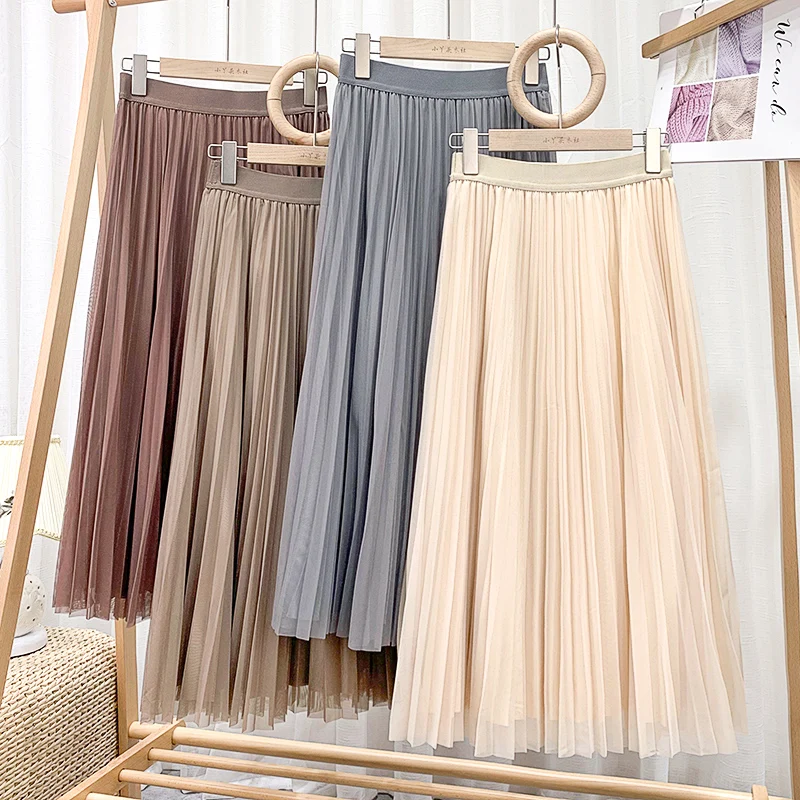 Croysier Women Long Tulle Pleated Skirt Spring Summer Elastic High Waist Skirts Womens 2021 Elegant Mesh Midi Skirt Clothes