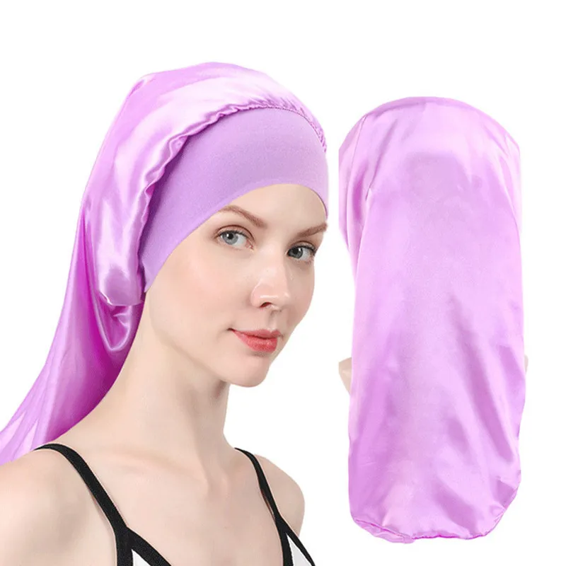 New Solid Silk Satin Long Wide Band Bonnet Beauty Hair Care Night Sleep Hats for Women Hair Protector