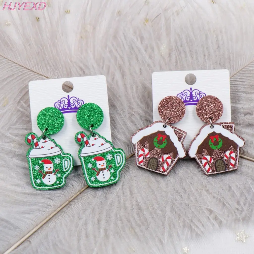 ER1142-30mm Christmas Dangle Earrings Gingerbread House Holiday Statement Glitter Acrylic Earrings