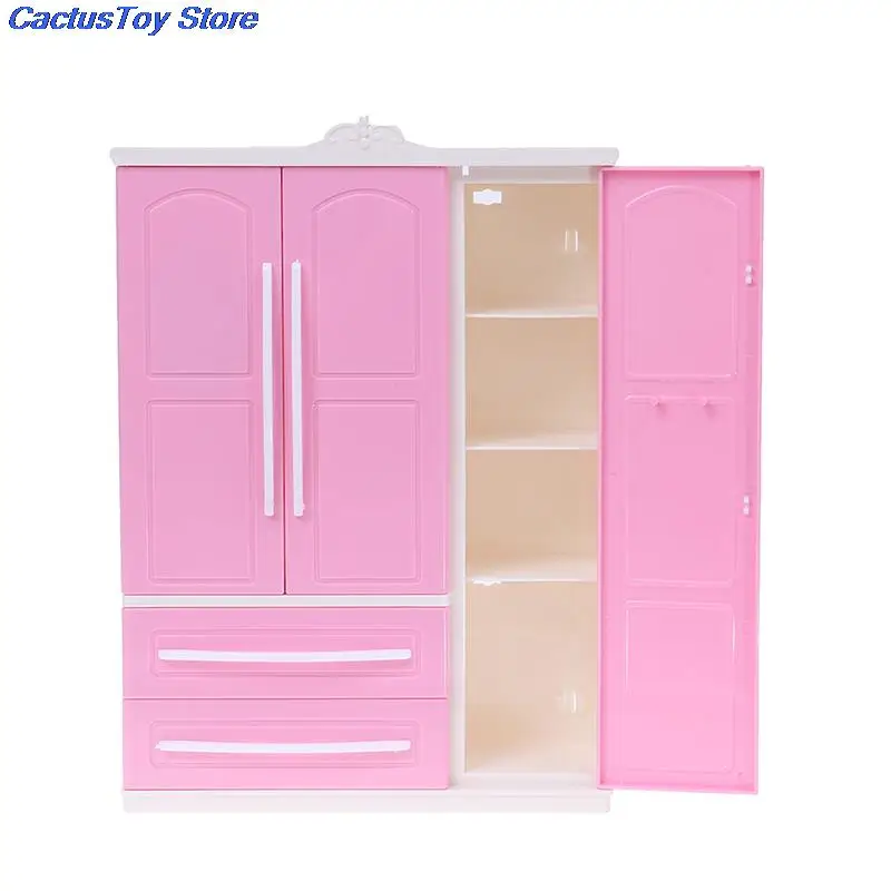 2020 New Three-door Pink Modern Wardrobe for Barbie Furniture Clothes Accessories with Dressing Mirror Girls Toy