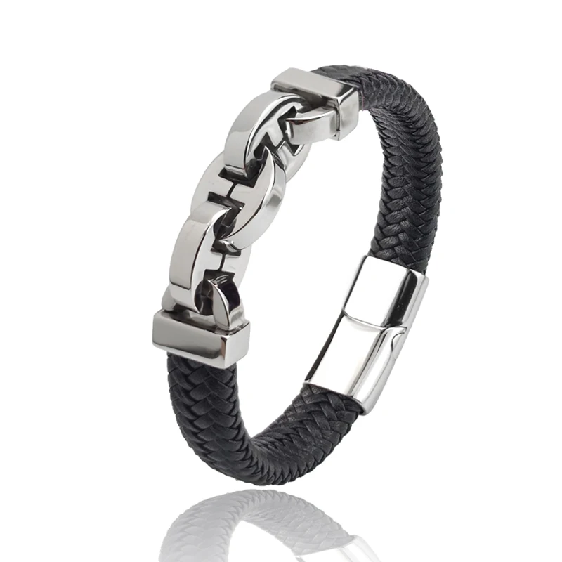 Punk Men Jewelry Genuine Leather Braided Bracelets Black Interlocking Stainless steel Black Beads Bracelets Fashion Male Bangle