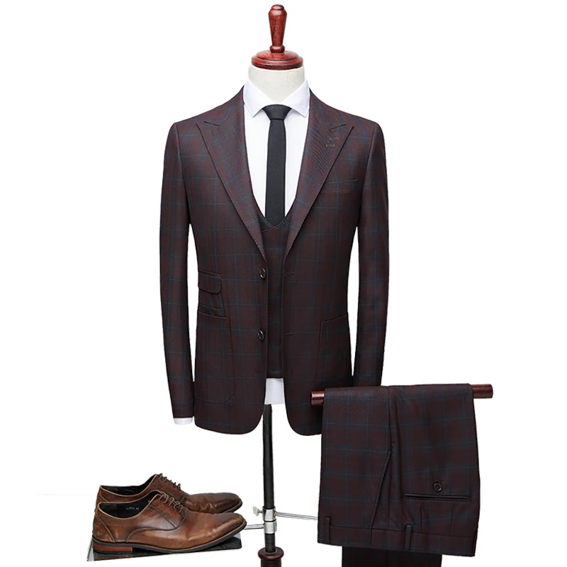 2020 New Men Suit 3 Pieces Fashion Plaid Suit Slim Wedding Dress Suits Blazer Pant and Vest Wine Red