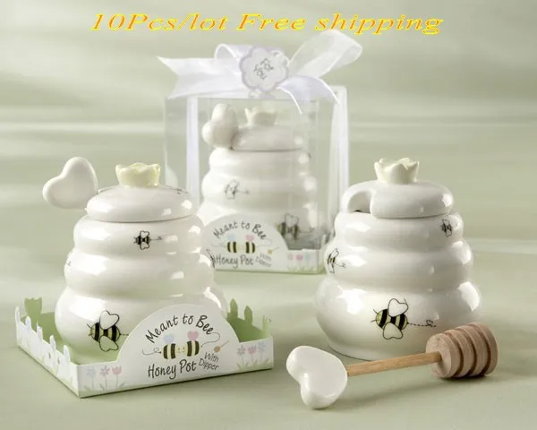 

10 Pieces/Lot Wedding favors of Meant to Bee Ceramic Honey Pot with Wooden Dipper for cheapest birthday gift and Baby souvenirs