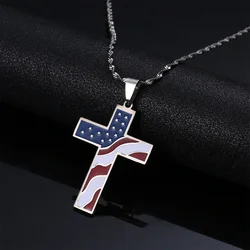 Stainless Steel Enamel American USA Flag Cross Pendant Necklace Stars Stripes Jesus Religion Christian Cross Jewelry