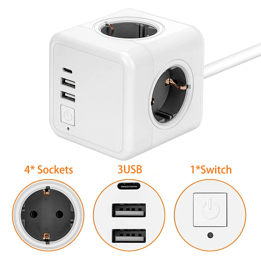 Travel EU Plug Adapter Wall Socket with Switch Extension Cord 3 Outlets 3 USB Ports Home Travel Charging