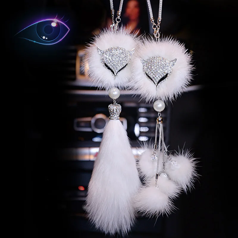 Car Crystal Bling Fox Plush Fur Tail Ball Pendant Animal Car Interior Decoration Rear View Mirror Ornament Accessories for Women