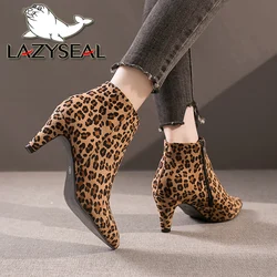 LazySeal 2020 New Luxury Leopard Women Boots Leather Winter Casual Shoes Hoof Heels Zip Pointed Toe Ankle Boots Big Size 43