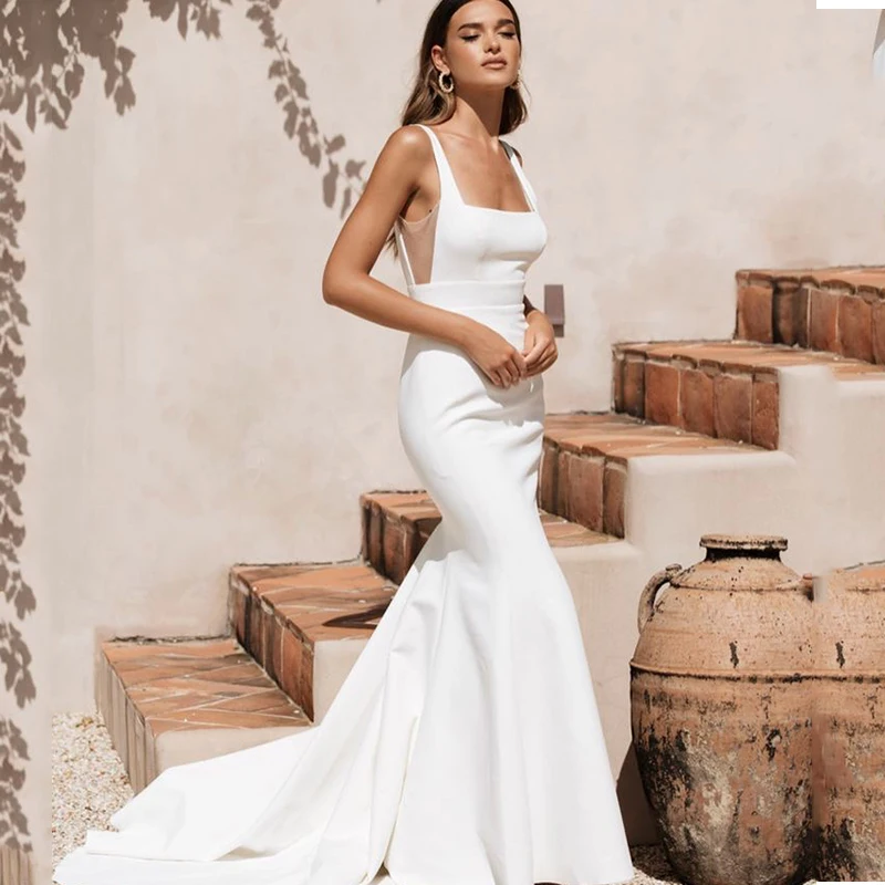 Vestido de novia sencillo de sirena para mujer, traje blanco elegante y Sexy con cuello cuadrado y Espalda descubierta, estilo bohemio