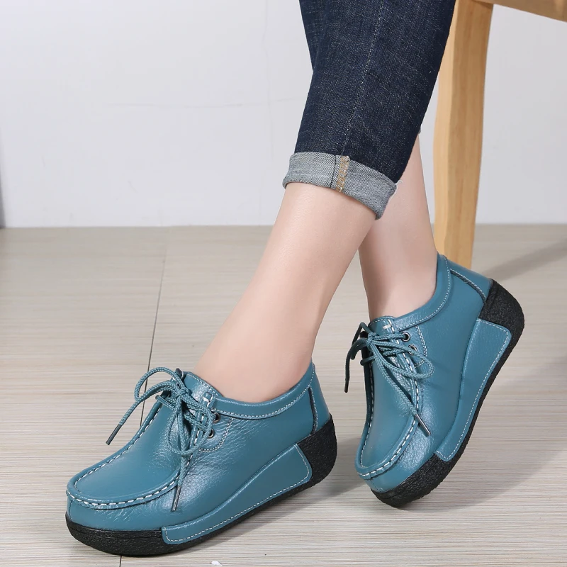 Woman Breathable Leather Lace-up Sneakers Women Fashion Black Soft Casual Shoes Female Women Flats Comfortable Loafers Shoes