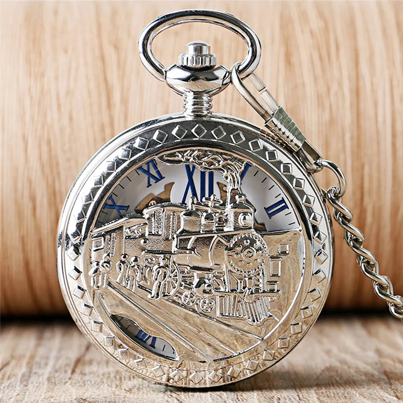 Old Fashion Men Women Mechanical Handwinding Pocket Watch Locomotive Hollow Train Skeleton Clock Pendant FOB Chain reloj Gift