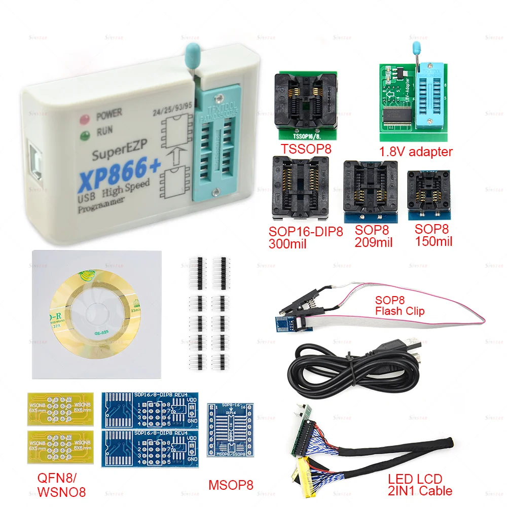 XP866 CH554T USB SPI Programmer +12 Adapter Support 24 25 93 95 EEPROM Flash Bios EZP2019 Upgraded Version Fast Reading Writing