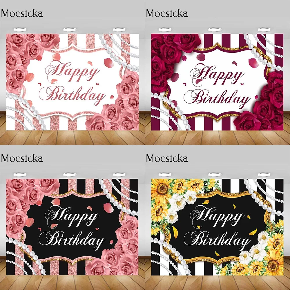 

Mocsicka Woman Girl Happy Birthday Party Photo Background Decoration Rose Pearl Sunflower Stripe Photography Backdrops Photozone