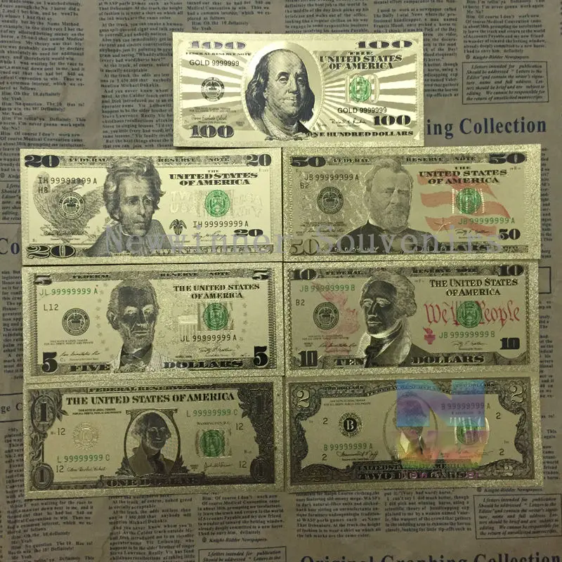 7 pcs/lset 24k Gold Banknotes USA Foil Bill 1/2/5/10/20/50/100 Dollars World Paper Money Collection Gift