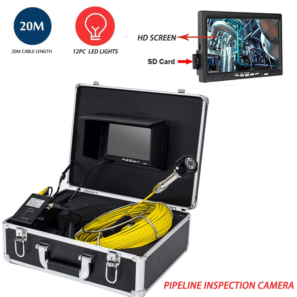 

7" 20m Drain Sewer Industrial Endoscope System 23mm Waterproof Pipe Inspection Video Camera With 12pcs LEDS 12V4500mAh Battery