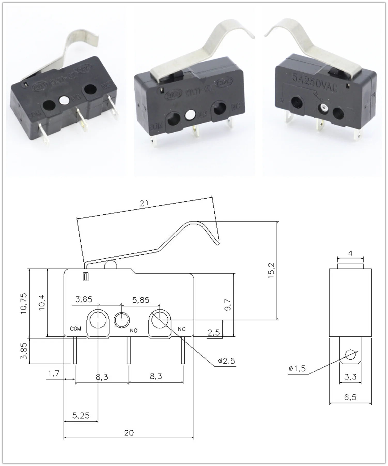 100 Stück/Los 3-Pin/2-Pin Brandneuer Endschalter 5A250VAC KW11-3Z Mini-Mikroschalter mit Rolle für Lasermaschinen Mikro-Endschalter-Sensor – Detail 9