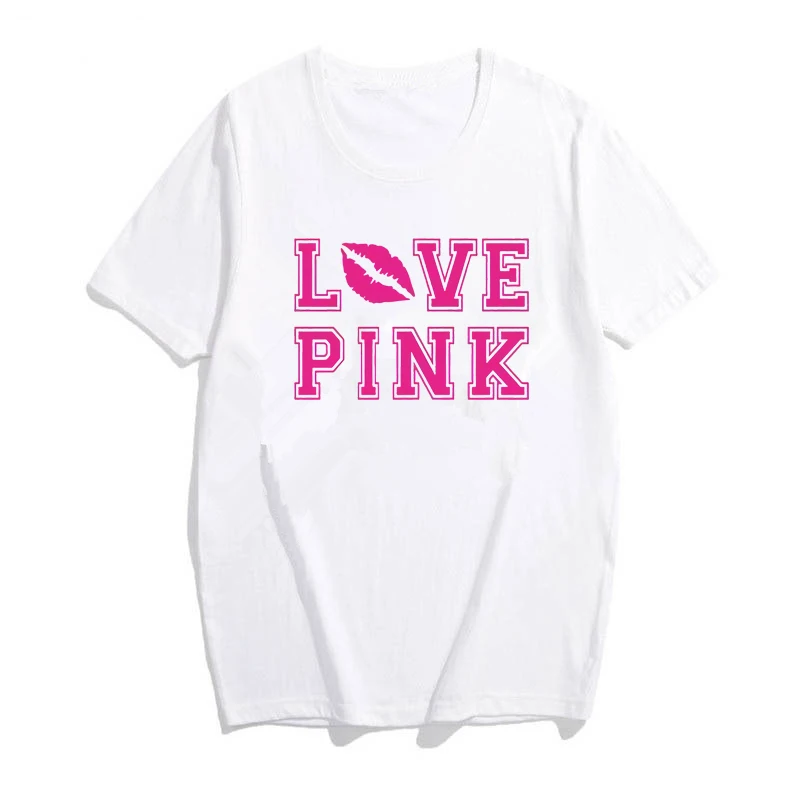 Women PINK Love Graphic Tee Pink Heart Shirt VS Summer Brand Tops Ladies Harajuku Shirts Oversized Tops