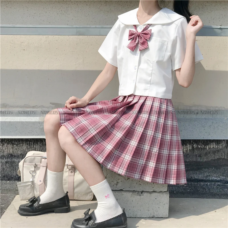 [Plum Soda] nuove gonne a pieghe scozzesi rosse a vita alta estive a maniche lunghe/corte le donne vestono JK School Uniform Student Girls Clothes