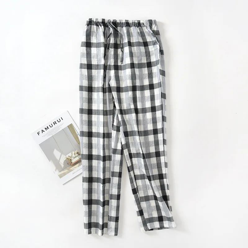 Couple\'s Plaid Pyjama Bottoms Men and Women Cotton Gauze Trousers Summer Elastic Waist Thin Loose Home Sleep Pants