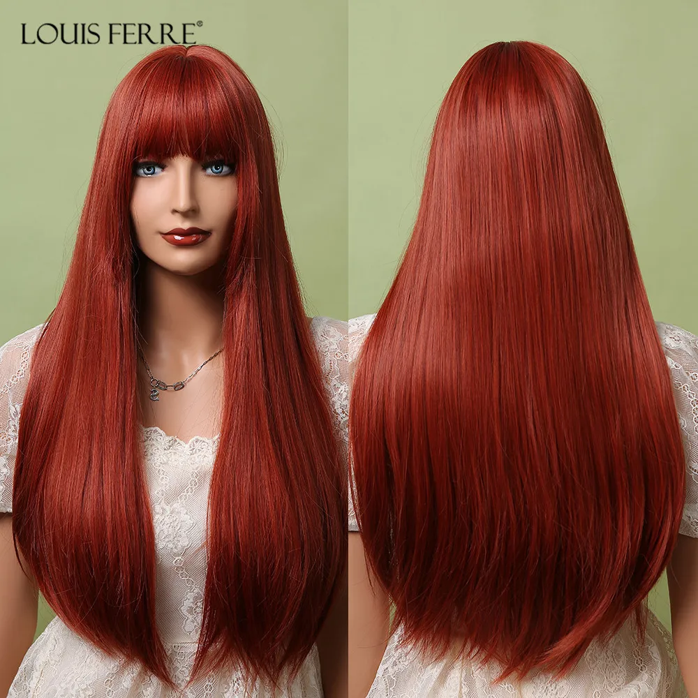 LOUIS FERRE Natural Looking Wine Red Hair Wigs Lolita Long Straight Synthetic Wigs with Bangs for Black Women Cosplay Party Wigs