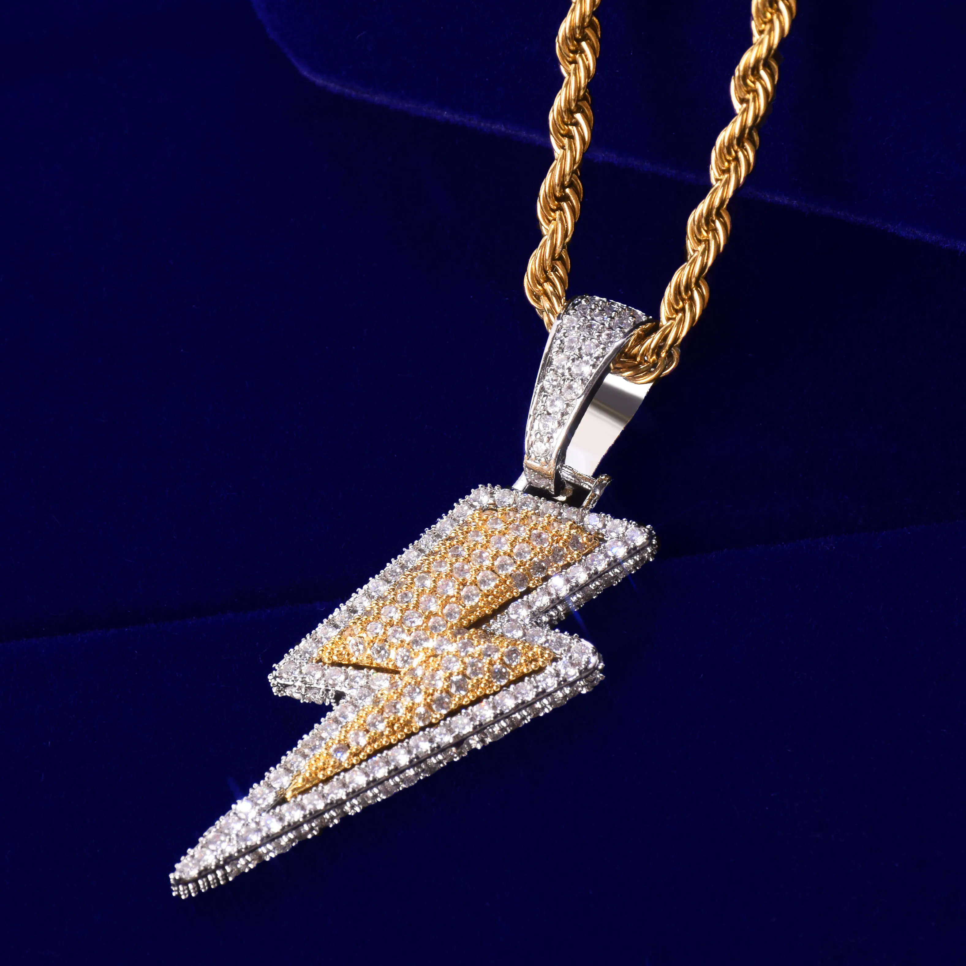 Lightning Shape Pendant Necklace Bling Cubic Zircon Men\'s Hip Hop Rock Jewelry