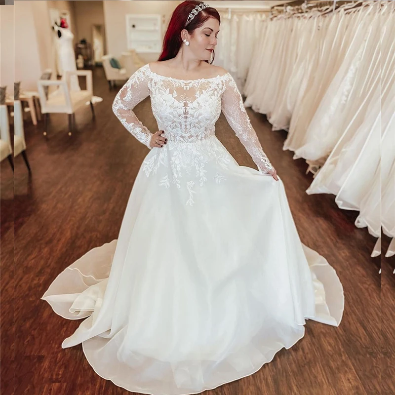 Vestido de casamento linha a, gola redonda, manga longa, apliques de renda, botão de lantejoulas, comprimento até o chão, trem de varredura, novo personalizado