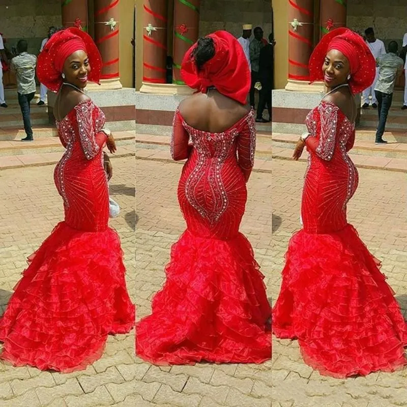 Stunning Crystal Beading Prom Dress Latest Aso-Ebi-Styles Tiered Train Mermaid Evening Formal Dress Long Sleeves Nigerian Gowns