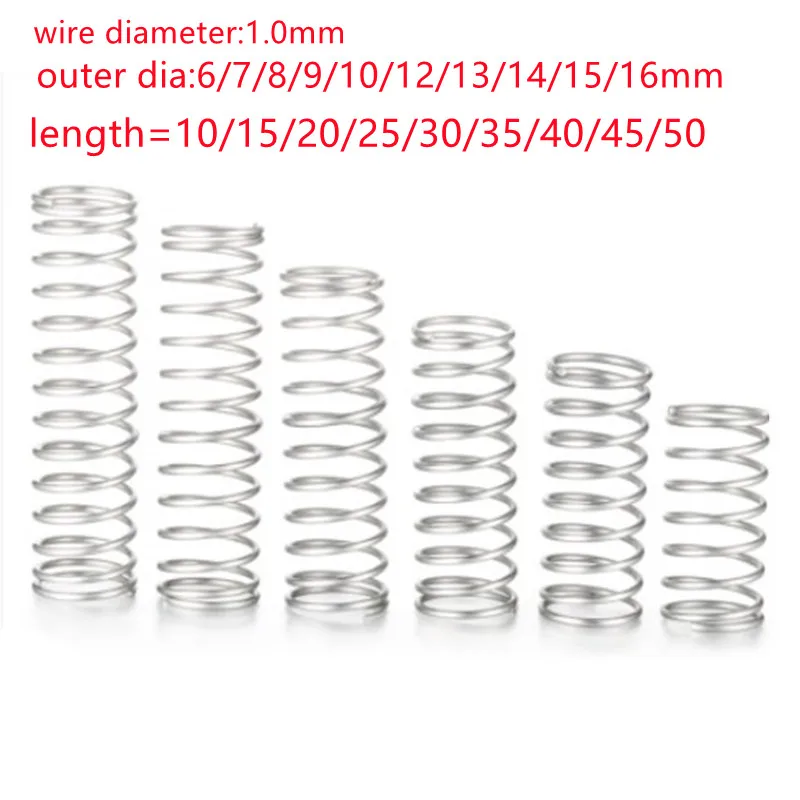 10pcs/lot 1.0mm Stainless Steel  Micro Small Compression spring OD 5-15mm length 15mm to 50mm