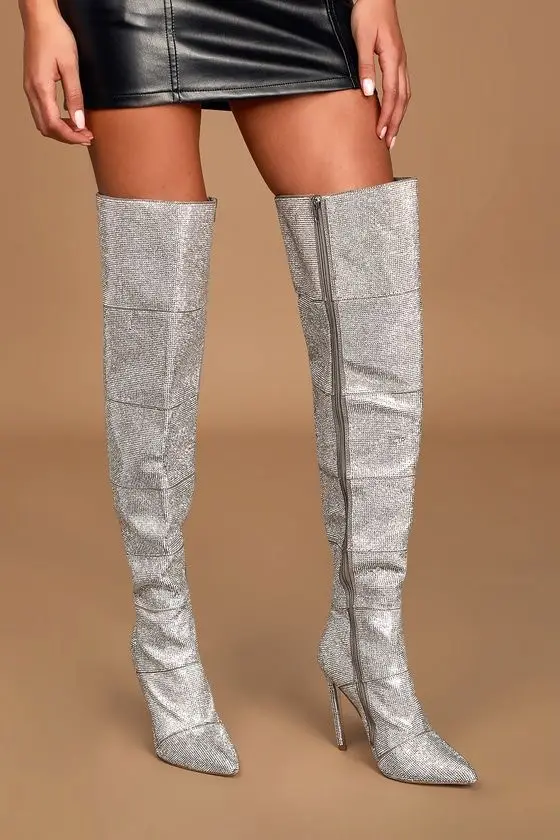 

Bling Bling Full Rhinestone Thigh High Boots Side Zipper Over The Knee Crystal Boots Fashion Pointed Toe Ladies Long Botas