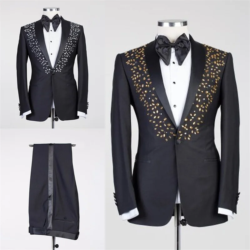 Luxury 2-Piece Men Suits Crystal Wedding Tuxedos Party Fit Formal Business For Best Man Suits Peaked Lapel Blazer Suit