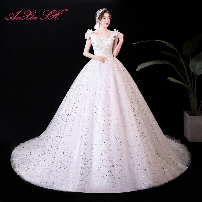 AnXin SH princess boat neck bow vintage sparkly silvery star sequins white lace train ball gown customized wedding dress