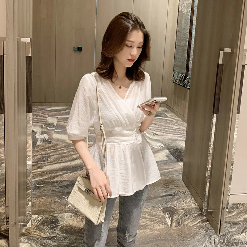 2019 Fashion Autumn V neck Blouse shirts women Lantern Half sleeve Slim Waist Tops Elegant Sexy Office Work Blouses Black White