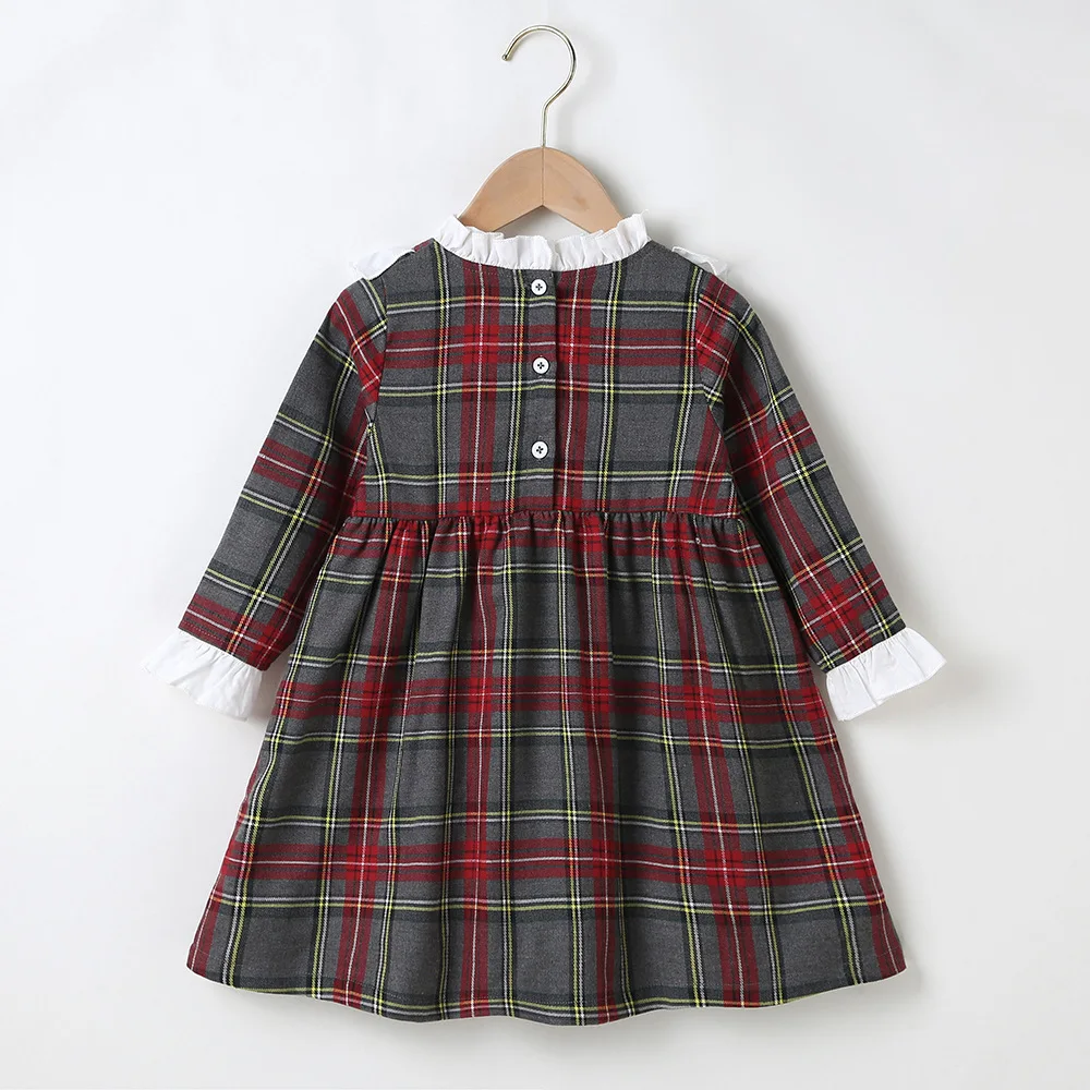 2023 New Arrivals Long Sleeve Peter Pan Collar White Lace Red Green Plaid Cute Girls Birthday Party Dress Vestidos 18M-6T