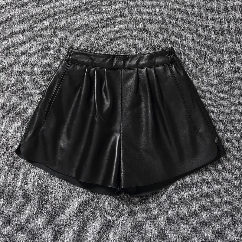 Fashion New Women Elastic Waist Wide Leg Shorts Ladies Autumn High Quality Sheepskin Genuine Leather Shorts Casual Streetwear