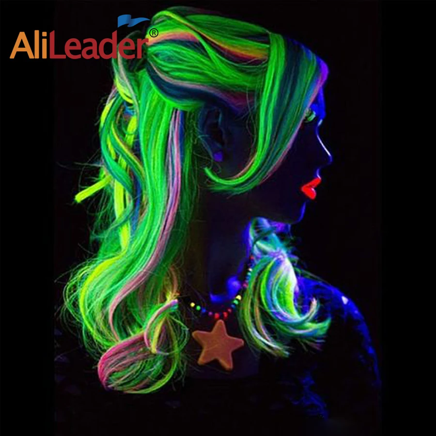 20 inç Glow saç ekleme klip renkli Hairpieces parti gökkuşağı saç klipleri sentetik Neon sahte postiş kadınlar için