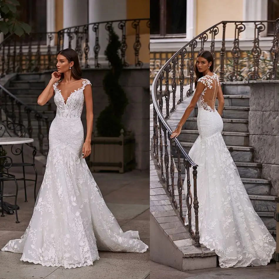 Robe de mariée sirène à manches cape avec des Appliques en dentelle, sur mesure, avec des boutons au dos, avec traîne, nouvelle collection 2021