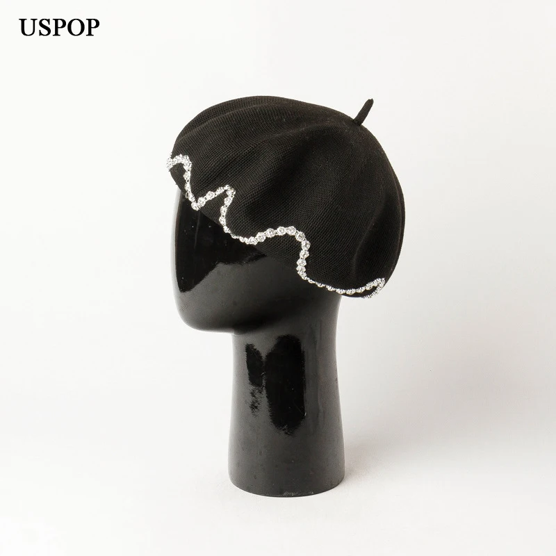 USPOP Summer hats Women beret Beret Vintage Knit Breathable Adjustable Drawstring Diamond Berets