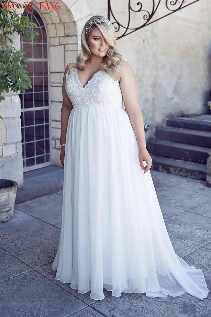 Customized White Plus Size Chiffon Applique Lace Beach Wedding Dresses Women Corset Back Empire Bridal Gown Long Robe De Soiree