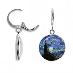 Fashion Silver Color Simple Style Earings Van Gogh Famous Artist Starry Night Earrings Glass Dome Cabochon Jewelry Gifts