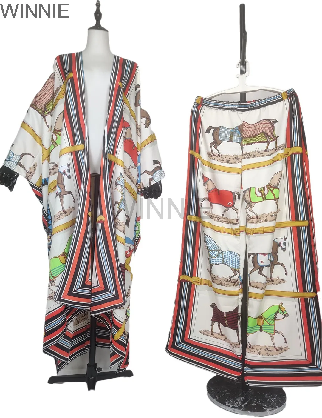 Twill Silk African Dresses For Women Two Piece Set Bohemian European Kimono & Pants Middle East Clothes Famous Suit For Lady