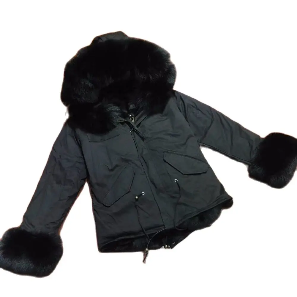 Plus Size Winter Natural Raccoon Parkas Black Raccoon Fur Lining MINI Jacket Coat With Furs Cuffs