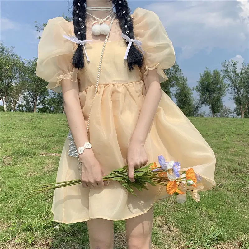 Yellow Sweet Princess Dress Women Japanese Fairy Sexy Backless Mini Dress Casual Korean Party Birthday Dress for Women 2021 New