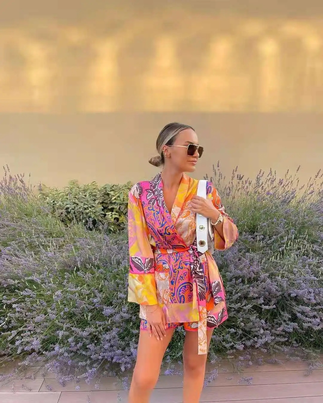 XIKOM 2021 kobiet dwuczęściowy zestaw wydruku Kimono pasek w stylu Vintage z długim rękawem luźna koszula kobieta moda plaża styl szorty garnitury