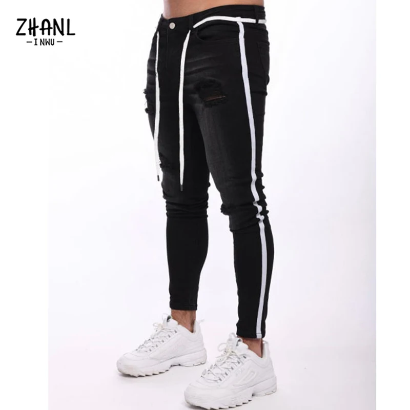 Cyber Y2k Elastic Waist Skinny Pants Men White Jeans Man Stretch Ripped Jeans Streetwear Mens Denim Trousers Jeans Male Clothing