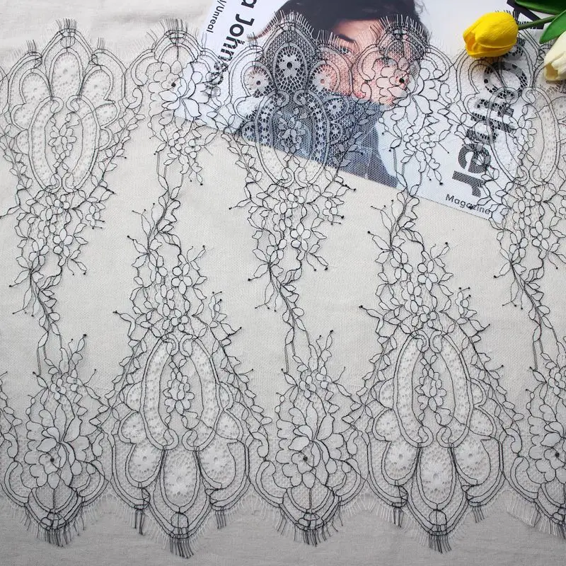 2021 43cm wide, 300cm long Off white with black thread girls costume, dress making lace, eyelash french lace