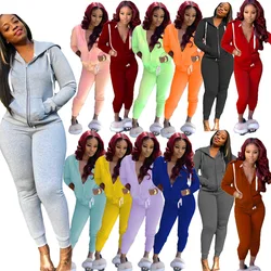 2023 Fashion Trend Women's Solid Color Plus Fleece Sports Color Sweater Suit Two-piece Suit